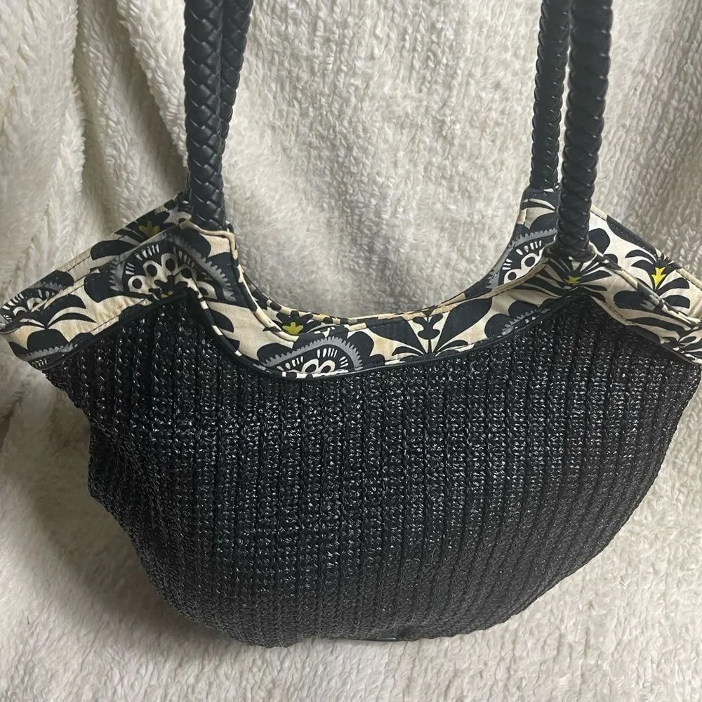 Vera Bradley Straw Black Bucket Tote braided straps floral fabric trim.